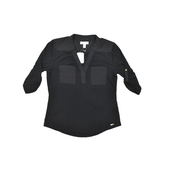 Calvin Klein Women's Black Pullover Blouse Top Size S Small Roll-Tab Sleeves NEW - Picture 1 of 8